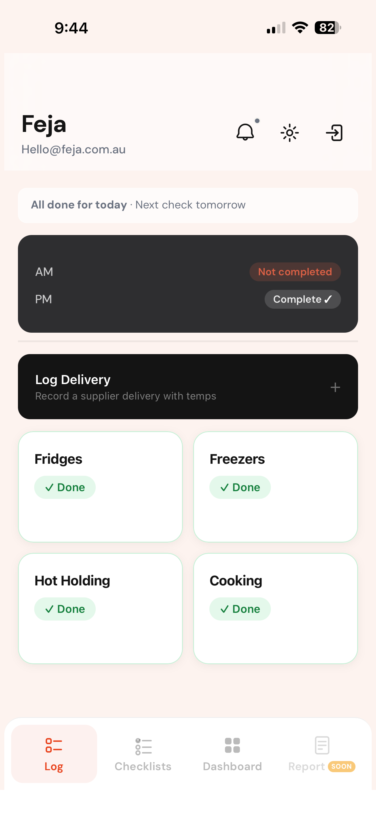 Feja app — all checks logged